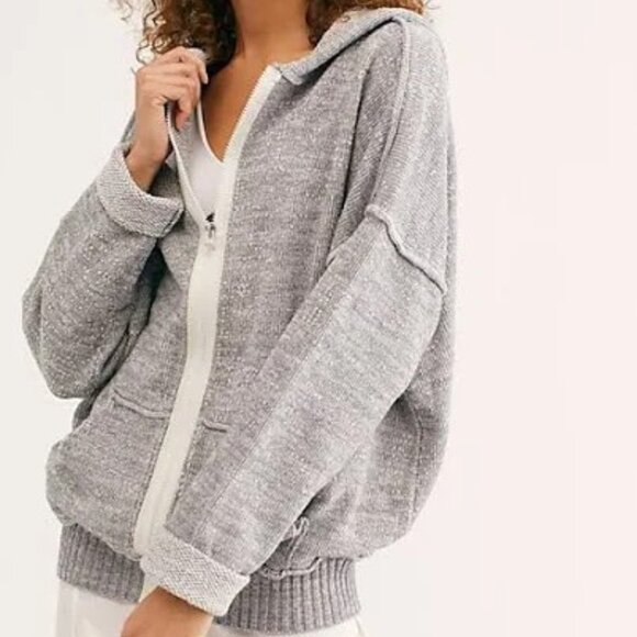 Free People In Bloom Knit hoodie sweater Oversized Zip up size Medium Cozy Boho - Picture 1 of 9